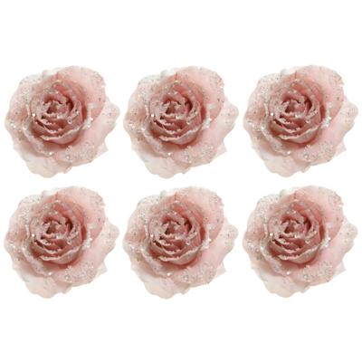 Decoratie roos - 6x - op clip - poeder roze - D14 cm - kunststof - bruiloft versiering - bloemen