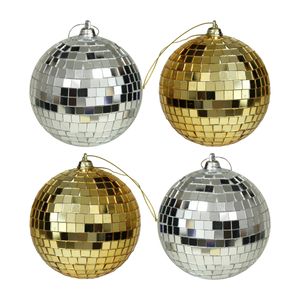 Kerstballen disco - 4x st - goud en zilver - 10 cm - kunststof - spiegel kerstballen