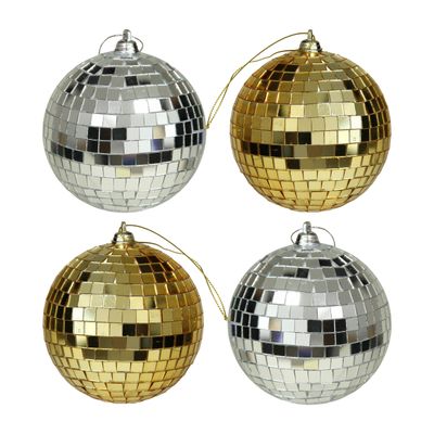 Kerstballen disco - 4x st - goud en zilver - 10 cm - kunststof - spiegel kerstballen