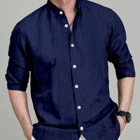 Bon&Bon Men's Stand Collar Long Sleeve Shirt - Dark Grey Casual Top Royal Blue / XXL