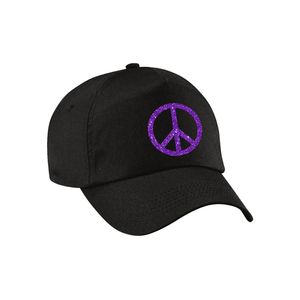 Paars glitter peace teken verkleed pet/cap zwart volwassenen