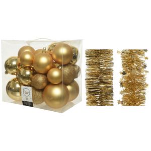 Kerstversiering kunststof kerstballen 6-8-10 cm met folieslingers pakket goud van 28x stuks