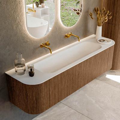 Mondiaz KURVE 170 cm Onderkast Greeploos 1 Lade Met Deuren Walnut, Wastafel Solid Surface Midden Talc 0 Kraangaten Zonder Spiegel (KRVBGL170L+R1L2D0KM-Wal/Tal)