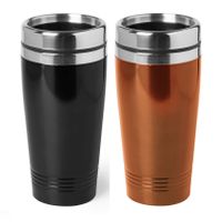 Set van 2x stuks Warmhoudbekers/warm houd bekers metallic zwart en oranje 450 ml - thumbnail