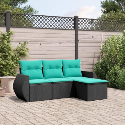 4-delige tuinbankset met kussens, zwart polyrotan
