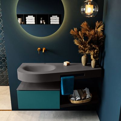 MONDIAZ RIVA 120cm badmeubel onderkast / planchet kleur Smag met 1 lade. Wastafel DULCET links 0 kraangaten kleur Dark_Grey. MONDIAZ RIVA 120cm badmeubel onderkast / planchet kleur Smag met 1 lade. Wastafel DULCET links 0 kraangaten kleur Dark_Grey.