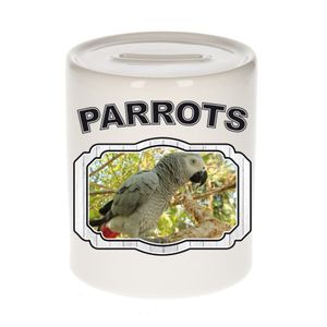 Dieren grijze roodstaart papegaai spaarpot - parrots/ papegaaien spaarpotten kinderen 9 cm