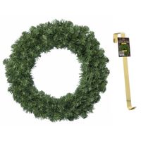 Groene kerstkrans / dennenkrans 60 cm met 200 takken kerstversiering en met gouden hanger - Kerstkransen