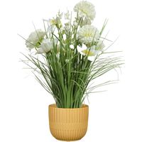 Kunstbloemen boeket wit - in pot okergeel - keramiek - H40 cm