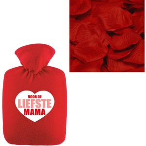 Liefste mama warmwaterkruik rood 2 liter fleece hoes en rozenblaadjes - Kruiken