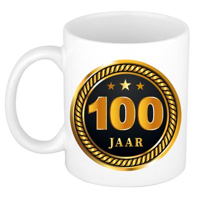 100 jaar thema koffiemok Medaille - jubileum - verjaardag - zwart met goud - Cadeau beker