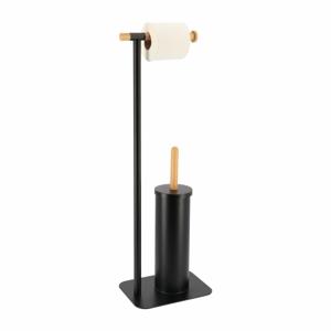 Toiletborstel met toiletrolhouder - vrijstaand - zwart - metaal/bamboe - 67 cm