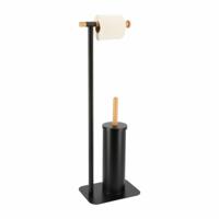 Toiletborstel met toiletrolhouder - vrijstaand - zwart - metaal/bamboe - 67 cm