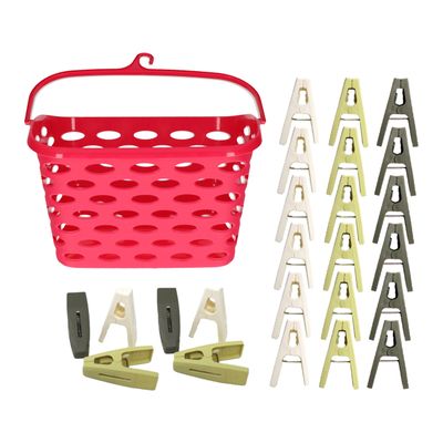 Wasknijpers ophangmandje met haak - fuchsia - en 80x gekleurde compacte wasknijpers van 6 cm