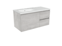 Storke Edge zwevend badkamermeubel 100 x 46 cm beton zilvergrijs met Planza asymmetrisch linkse wastafel in glanzend composiet marmer
