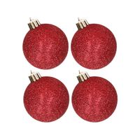 4x stuks kunststof glitter kerstballen rood 10 cm - Kerstbal - thumbnail