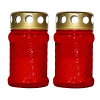 2x stuks grafkaarsen/gedenklichten met deksel rood 7 x 12 cm 10 uren brandtijd