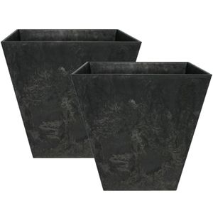 Set van 2x stuks bloempot/plantenpot vierkant van gerecycled kunststof zwart D20 en H20 cm