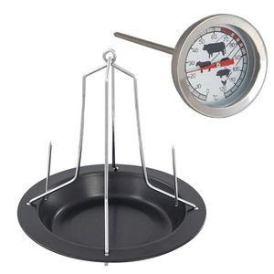 Stalen kippenspit/kiphouder met schotel zwart 20 x 18 cm met vleesthermometer - Ovenschalen