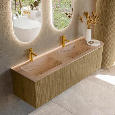Badmeubel Mondiaz Kurve-Dlux | 155 cm | Meubelkleur Dusk | Wastafelkleur Arena | Solid surface | Dubbel / Links spoelbak | 2 kraangaten