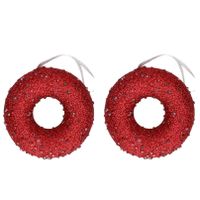 6x Kersthangers figuurtjes donut kerst rood met kraaltjes 10 cm - thumbnail