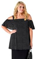 Yoek Singlet off shoulder DOTS | Zwart | Maat Plus