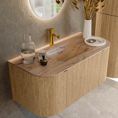 Badmeubel Mondiaz Kurve-Dlux | 100 cm | Meubelkleur Oak | Wastafelkleur Arena | Solid surface | Wasbak midden spoelbak | 1 kraangat