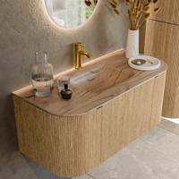 Badmeubel Mondiaz Kurve-Dlux | 100 cm | Meubelkleur Oak | Wastafelkleur Arena | Solid surface | Wasbak midden spoelbak | 1 kraangat