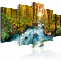 Schilderij - Ochtend aan de Rivier, 5luik , bruin groen blauw , premium print op canvas - thumbnail