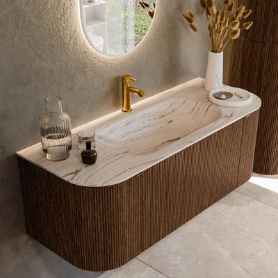 Badmeubel Mondiaz Kurve-Dlux | 120 cm | Meubelkleur Walnut | Wastafelkleur Nata | Solid surface | Wasbak midden spoelbak | 1 kraangat
