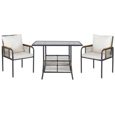 3-Delige Tuinloungeset van Rotan Ruimtebesparende Eetset voor Buiten met Kussens Rechthoekige Tuintafel en Rotanstoelen