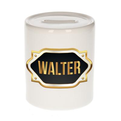 Spaarpot met voornaam Walter - wit - goud/zwart embleem - 8 x 9 cm - keramiek - afsluitdop