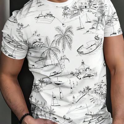 Bon&Bon Men's Palm Tree Print Short Sleeve T-Shirt | White Polyester M