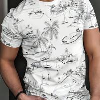 Bon&Bon Men's Palm Tree Print Short Sleeve T-Shirt | White Polyester M