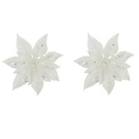 Decoratie bloem - 2x stuks - kerstster - op clip - wit - glitter -15 cm - kunststof - kerstversierin