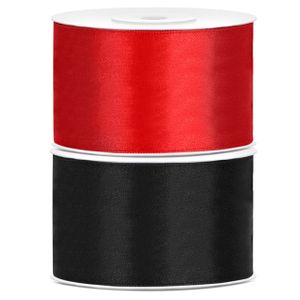 Set van 2 stuks sierlinten/cadeaulinten/satijnen linten zwart en rood 38 mm x 25 meter