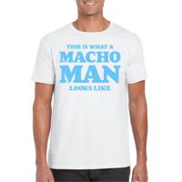 Foute party t-shirt voor heren - macho man - wit - glitter blauw - carnaval/themafeest - thumbnail