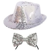 Carnaval verkleed set hoed met vlinderstrikje zilver glitters - thumbnail