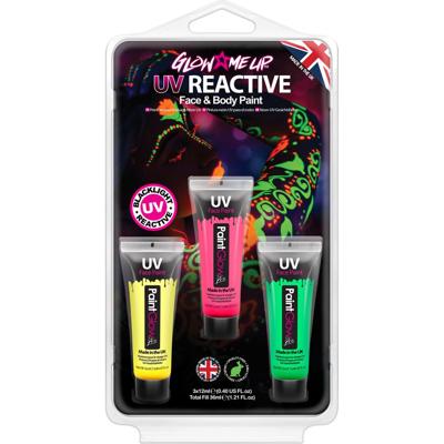 Face/Body paint set - roze/groen/geel - 3x13 ml - black light - schmink/make-up - waterbasis