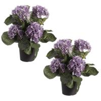 Louis maes Kunstplant - 4x stuks - Hortensia hydrangea - paars - in pot - 44 cm - met bloemen