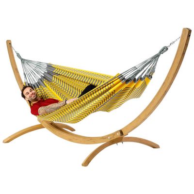 Tweepersoons hangmat met houten standaard - 350x160cm -Geel - 160kg draagkracht- 100% katoen - binnen & buiten