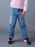 Wijde jeans met bloemenpatches meisjes middenblauw
