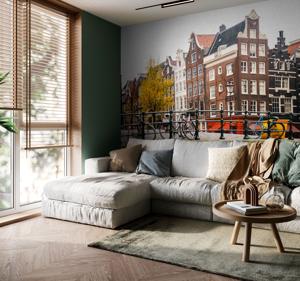 Amsterdamse fotobehang fietsen en grachtenpand