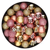 Kleine kunststof kerstversiering 40x stuks set en 3 cm kerstballen in het goud en roze - thumbnail