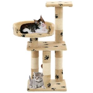 The Living Store Kattenkrabpaal - Beige met potenprint - 30 x 30 x 65 cm - Met hangend balletje - Uitkijkplatformen -