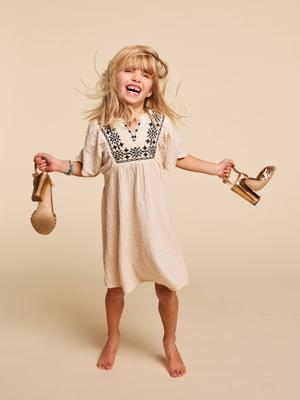 Geborduurde jurk met gaas voor meisjes tot op de knie zandbeige