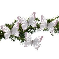 4x stuks kerstboom decoratie vlinders op clip glitter wit 15,5 cm - Kersthangers - thumbnail
