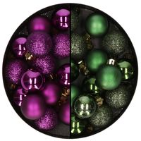 Kleine kerstballen - 28x st - donkergroen en paars - 3 cm - kunststof - Kerstbal