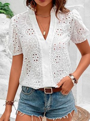 Loose Plain Vacation Linen Eyelet Embroidery Puff Sleeve Blouse