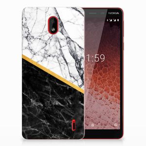 Nokia 1 Plus TPU Siliconen Hoesje Marmer Wit Zwart - Origineel Cadeau Man